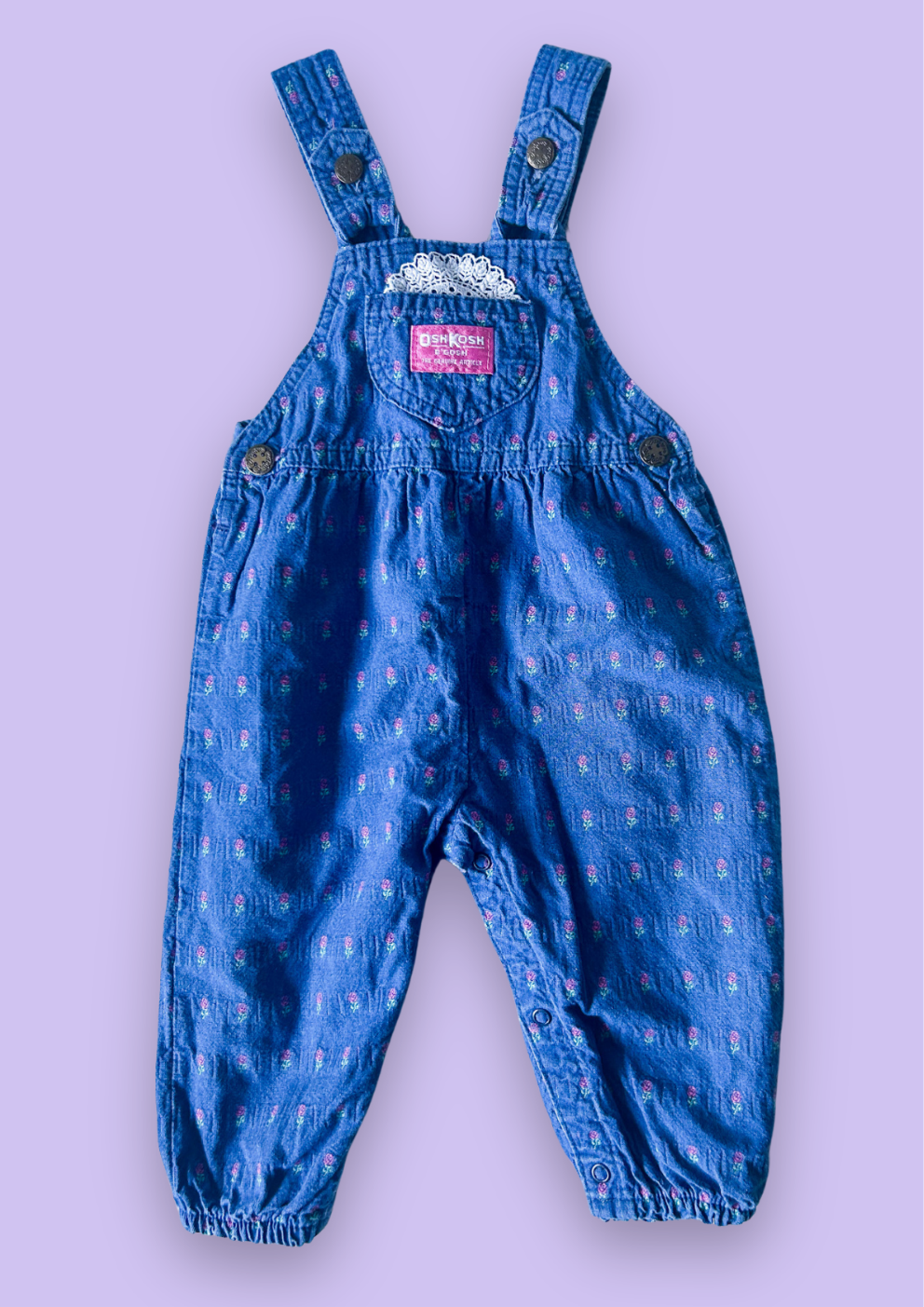 Vintage OshKosh Bow Back Rose Dungarees, approx 18 months