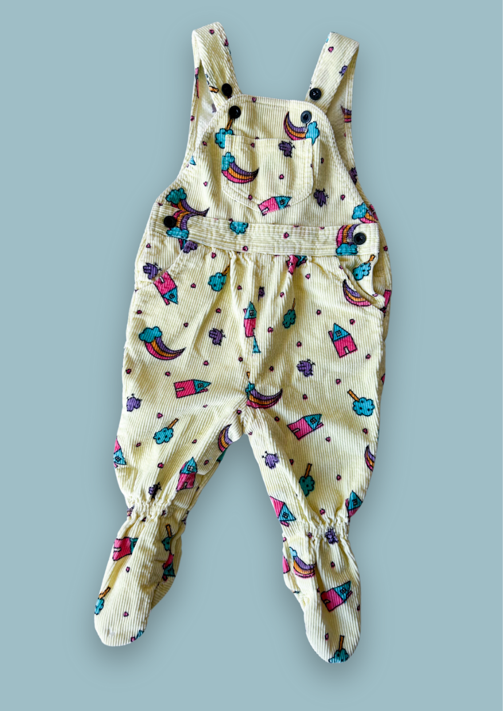 Vintage Rainbow & House Print Footed Dungarees, approx 6-9m