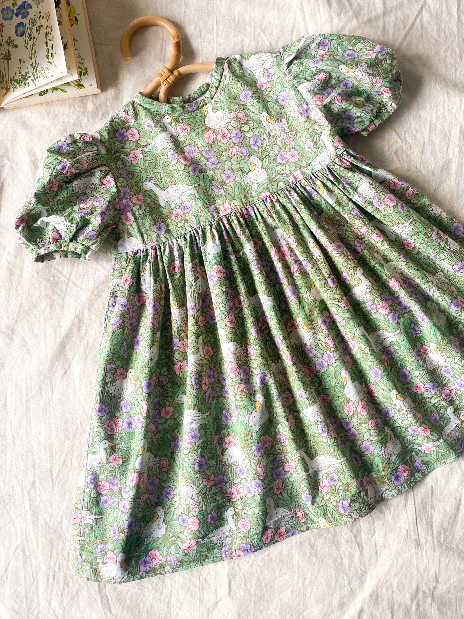 Vintage Handmade Flower & Goose Print Dress, approx 2-3.5 years